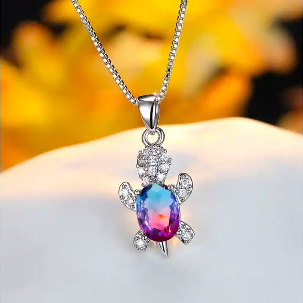 “Just Keep Swimming” Blue Purple Turtle Diamond Sterling Silver Gift Necklace - Picture 1 of 12